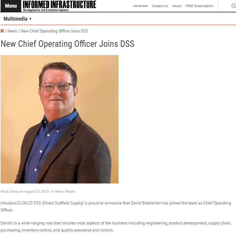 DSS (Direct Scaffold Supply) is proud to announce that David Bretherton has joined the team as Chief Operating Officer.