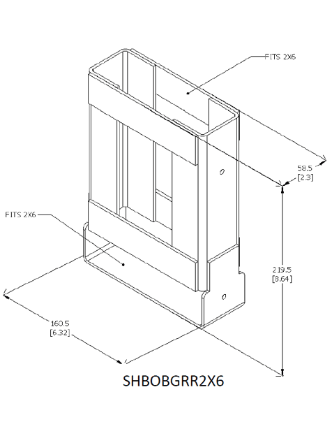 2x6 Guardrail Receptacle Picture shows the dimensions of the tool